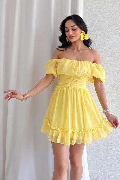 lovebox Lined Chiffon Fabric Square Neckline Short Sleeve Yellow Evening Dress Yellow Graduation Dress 069