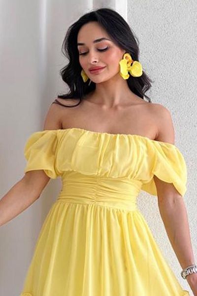 lovebox Lined Chiffon Fabric Square Neckline Short Sleeve Yellow Evening Dress Yellow Graduation Dress 069
