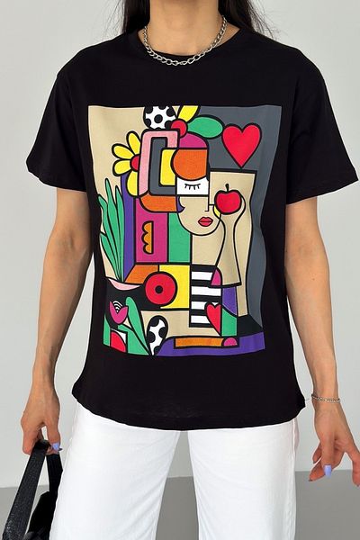 FEMELLE Tricou din bumbac imprimat cu gât negru pentru femei