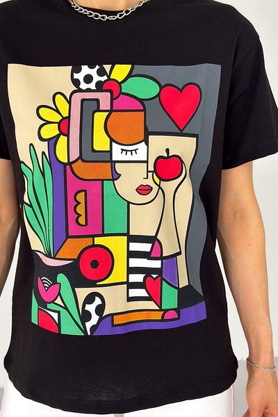 FEMELLE Tricou din bumbac imprimat cu gât negru pentru femei