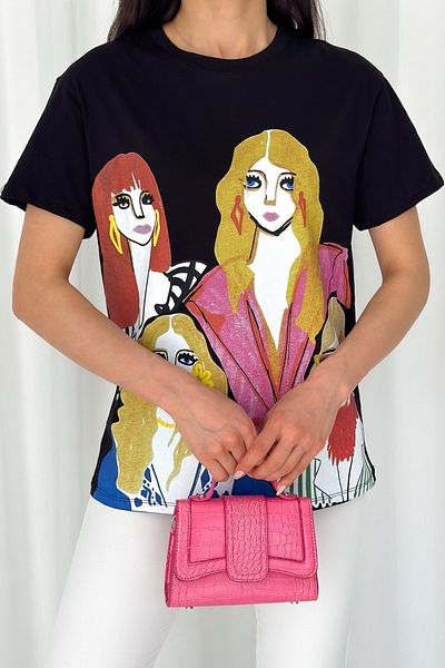 FEMELLE Tricou de damă negru din bumbac imprimat New Season