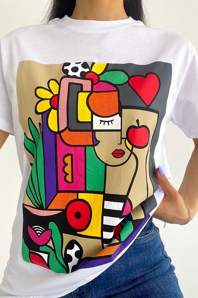 FEMELLE Women's White Crew Neck Printed Cotton T-Shirt