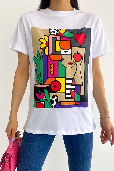 FEMELLE Women's White Crew Neck Printed Cotton T-Shirt