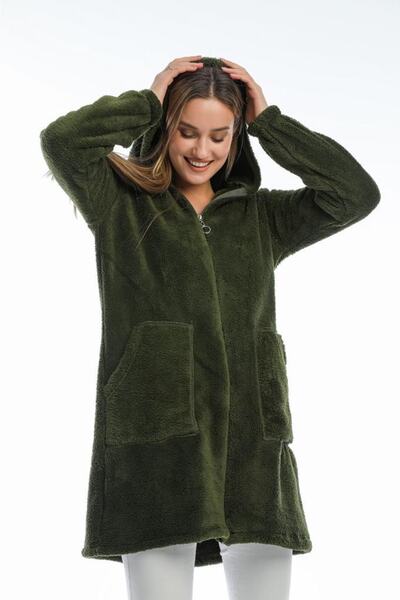 MODA VUSLAT Women's Khaki Green Long Fleece Cardigan