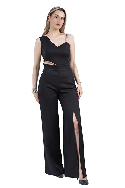 DEFİLE LUX TAŞ TEK KOL ASKILI YIRTMAÇLI TULUM SİYAH - PEDRA SERİSİ