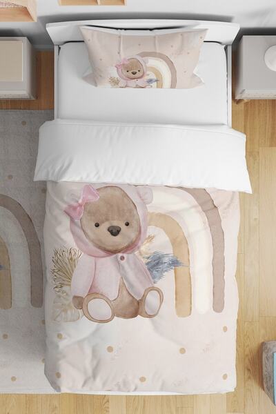 EVPANYA طقم سرير أطفال فردي بتصميم دمية دب كريمي