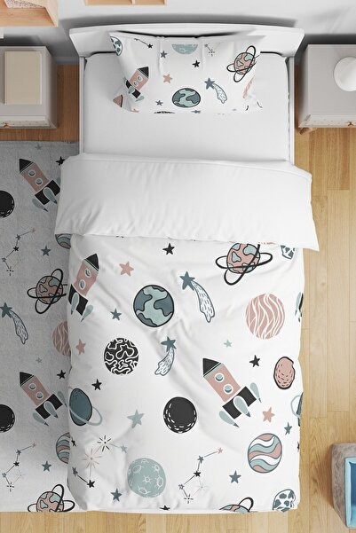 EVPANYA طقم غطاء لحاف أطفال فردي بنمط الفضاء الأبيض الرجعية