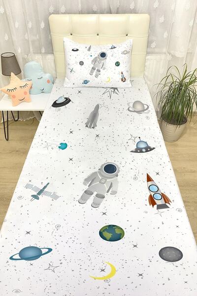 EVPANYA Beyaz Uzay Küçük Astronot Yatak Örtüsü ve Yastık Kılıfı