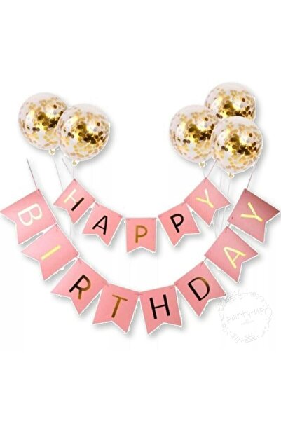 Parti Station Happy Bırthday Banner Yazı Ve Konfetili Şeffaf Balon Seti