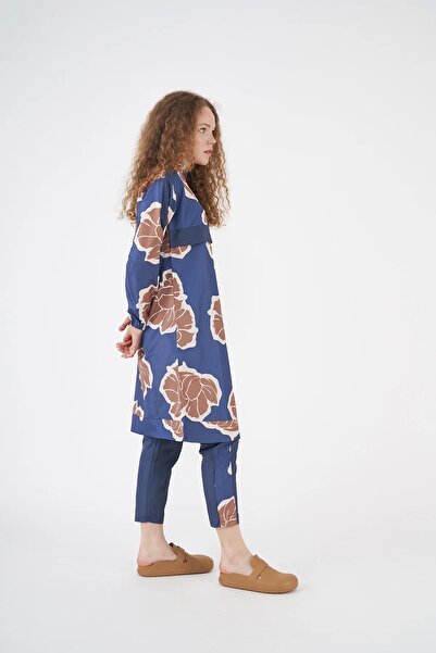 Mevra Çiçek Desen Tesettür Mayo İndigo Uzun