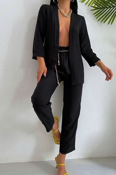 lovebox Women's Black Jacket Elastic Waist Trousers Double Suit 200028
