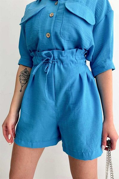 Lusin Women's Linen Shorts Lace-up Paperbag Waist Blue