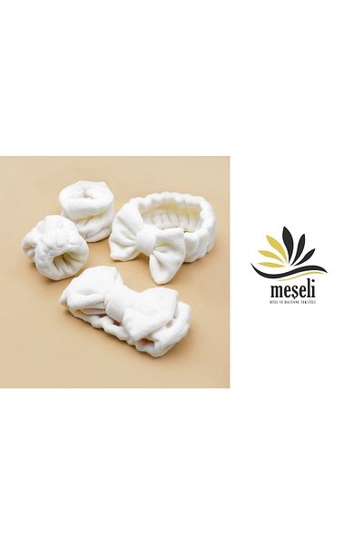 MEŞELİ TEKSTİL White Extra Soft Bath Spa Set 1Pcs Elastic Hair Bandana 2Pcs Wash Wristband Athlete's Kit