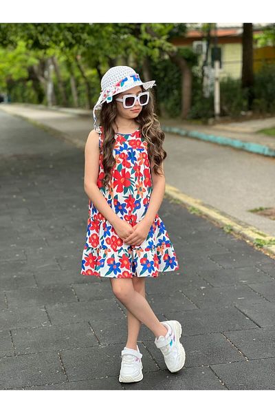 NARS KİDS Red Floral Patterned and Cap Cocoons Dress - Girl