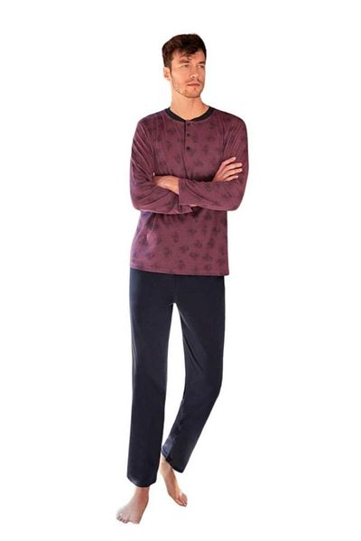 Berrak Pleated Crew Neck Jacquard Long Sleeve Men's Pajamas Set