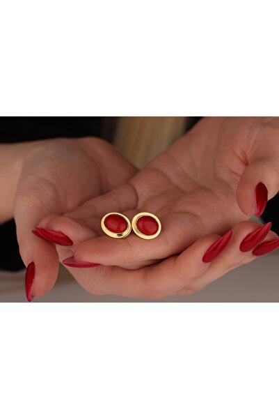 Akgül Silver Doğal Kırmızı Mercan Altın Kaplama Gümüş Küpe