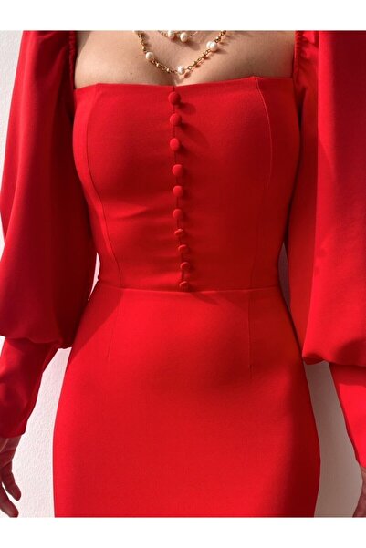 OlaLady Button Detailed Midi Pencil Dress Red