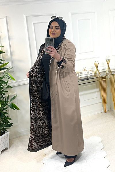 Aşkı Endam Setenay Plus Size Leopard Double Sleeve Trench με εσωτερικό λεοπάρ - Mink