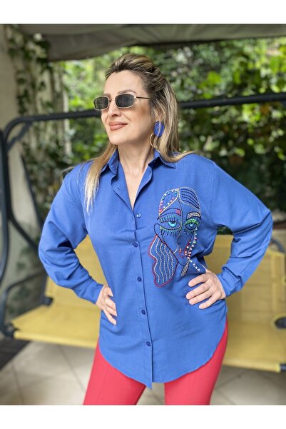 MAABMODA قميص نسائي مطرز باللون الأزرق النيلي الأفريقي