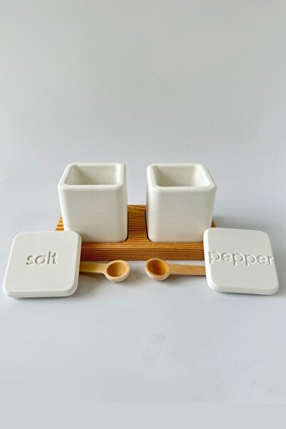 Studio Ays Beton Baharatlık Kapaklı Tuzluk ve Biberlik Set- Ahşap Tepsi ve Ka...