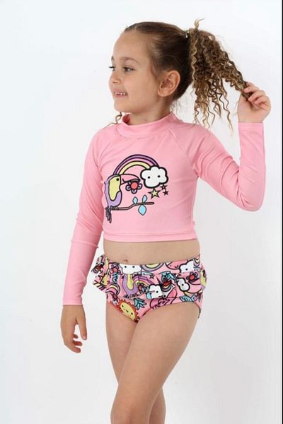 PODİUM GİYİM Trend New Digital Printed Uv-Sun Protection Crop Top and Mini Skirt Ruffle Bikini Set