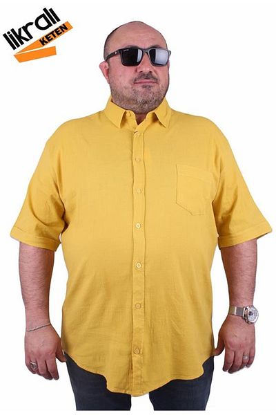 Starbattal Large Size Short Sleeve Men's Lycra Linen Pocket Shirt 11301 Mustard