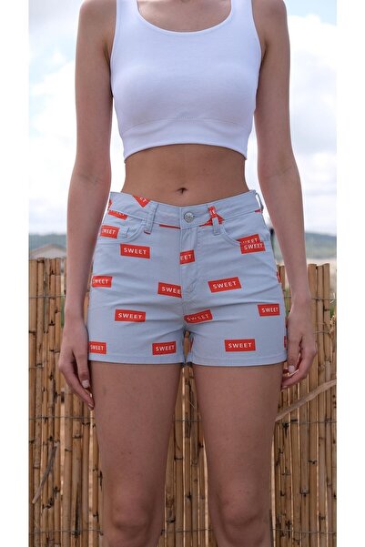 CHUBA Women's 100% Cotton Print Detailed Straight Cut Mini Shorts Light Blue 23S1032