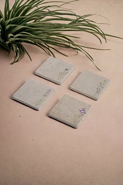 Baumatelier Minimal Floral Design Natural Stone Travertine Coasters Set of 4