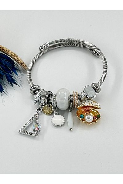 Bhs life Women's Charm Pink White Oyster Pearl Steel Bracelet
