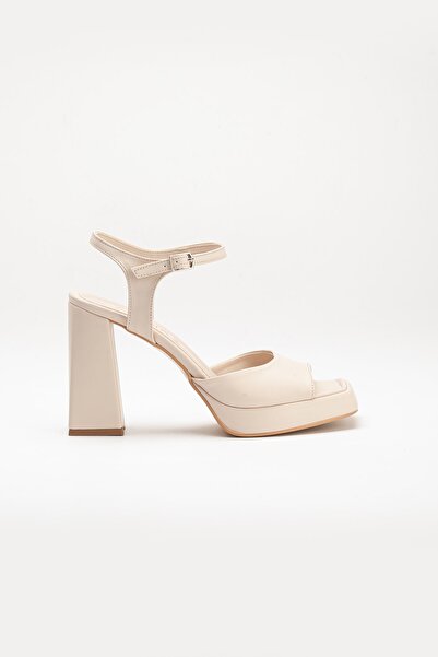 LİLLA women's angular platform high thick heels beige skin shoes