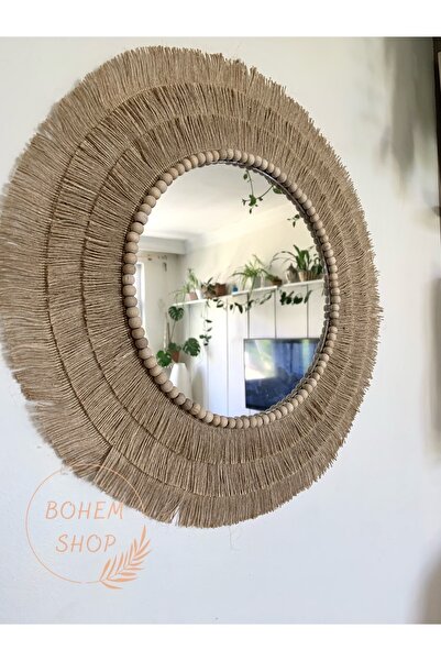 Bohem Shop Büyük Boy El Yapımı Saçaklı Bohem Dekoratif Ayna Etnik Hasırlı Ayna