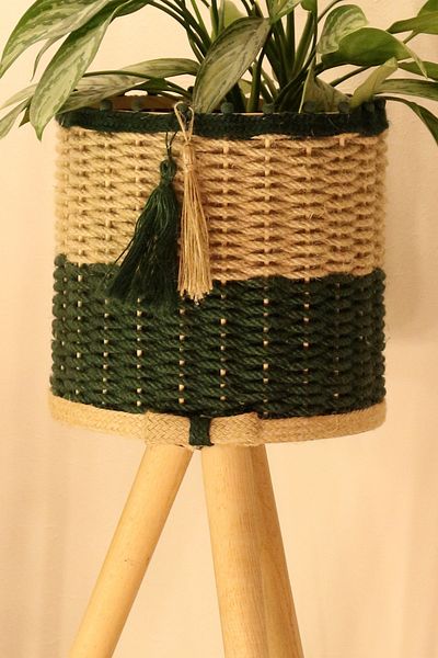 Monchi 46cm Foot Dark Green Jute Braided Wicker Basket - Wooden Flower Pot