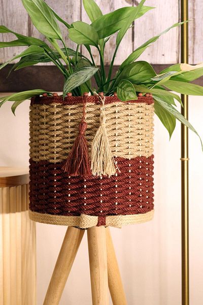 Monchi 46cm Jute Braided Wicker Basket - Wooden Flower Pot and Foot Cherry Rot