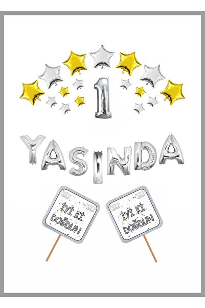 Doğumgünü Marketim Yaşında Gümüş Konsept Doğum günü Parti Kutlama Seti Yıldız...