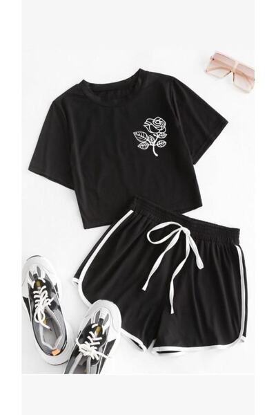 SELENA BUTİK Oversize jedinečný černý květinový potištěný Crop Top
