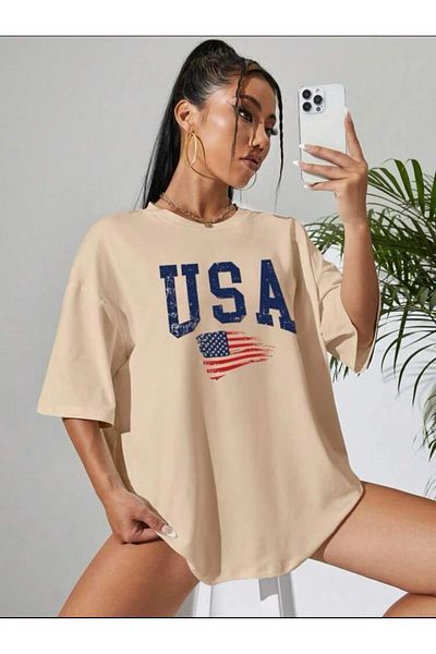 SELENA BUTİK Μπλουζάκι με στάμπα Unisex Usa Oversize