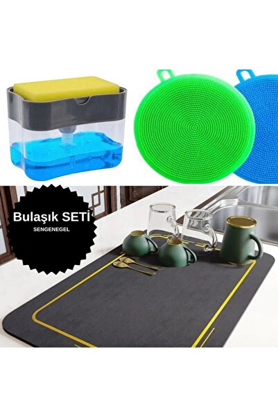 sengenegel 3'lü Set Bulaşık Su Emici Özellikli Kurutma Matı Tükenmez Sünger Hazneli Bulaşık Süngeri