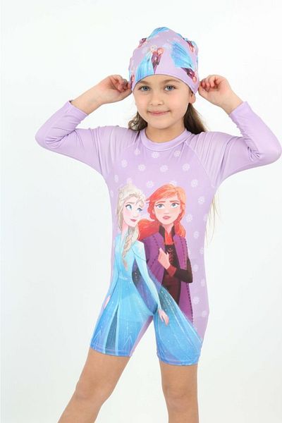 pistyle Girl's Character Patterned Long Sleeve Swimsuit and Bonnet for Sensitive Skin