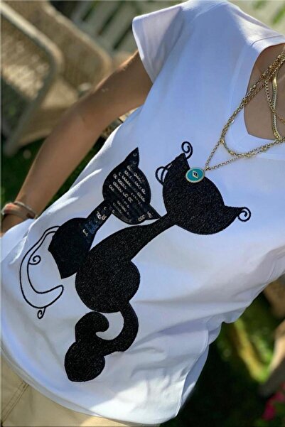 FEMELLE تي شيرت نسائي قطني مطرز بالترتر على شكل قطة بيضاء للموسم الجديد