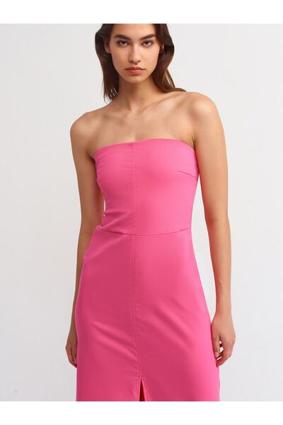 Dilvin 90758 Yırtmaçlı Straplez Elbise-Pembe