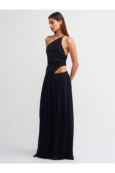 Dilvin 90726 Window Detailed Long Dress-Black
