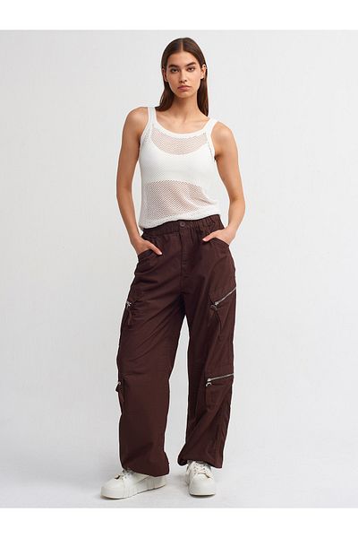 Dilvin 70939 Zipper Detailed Cargo Pants-Coffee