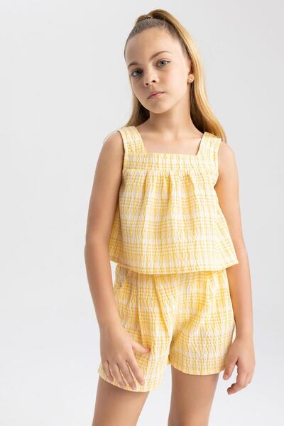 DeFacto Girl's Square Patterned Sleeveless Blouse Shorts Set of 2 B1332a823hs