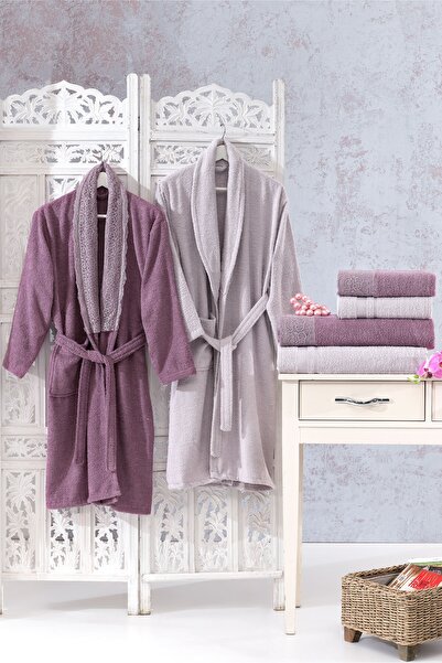 Teksev Family Dantelli Mor & Lila Сімейний комплект халатів 6 предметів Весільний комплект Жіночий Чоловічий халат Комплект рушників для ванної кімнати