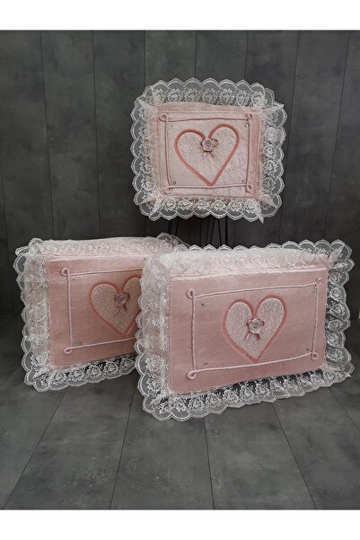 Teksev Love Pembe Renk Dantelli Kalpli 3'lü Çeyizlik Hurç Seti, Düğün, Nişan,...