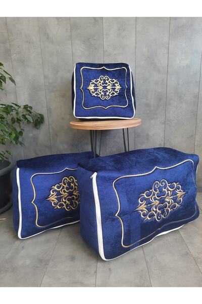 Teksev Rumeli Lacivert Üzeri Gold Nakışlı Çeyizlik 3'lü Hurç Seti, Düğün Nişa...