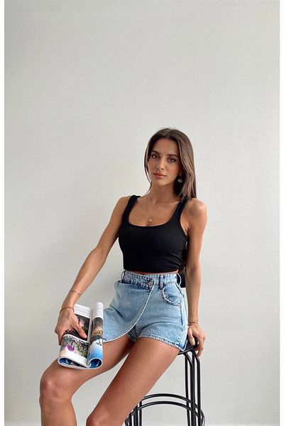 MAKRAS EXCLUSIVE MR Snow Wash Asimetric Jean Pantaloni scurți din denim Fustă Închidere față detaliată