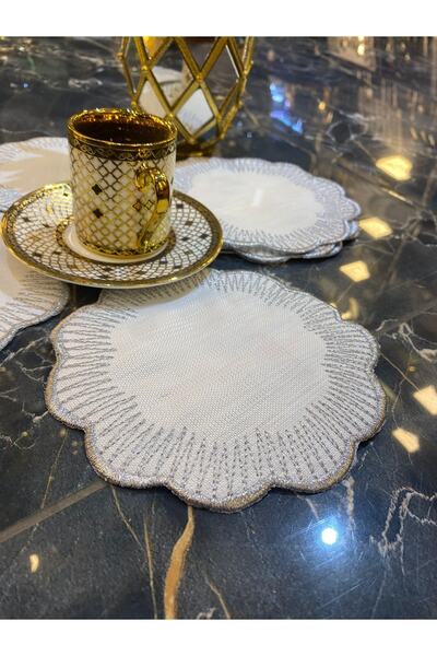 Teksev Shems Silver Grey 6 bucăți Cocktail Cafea Servețel de prezentare Maras Work Glaze Broderie Brodat Gardenia Bol de prezentare