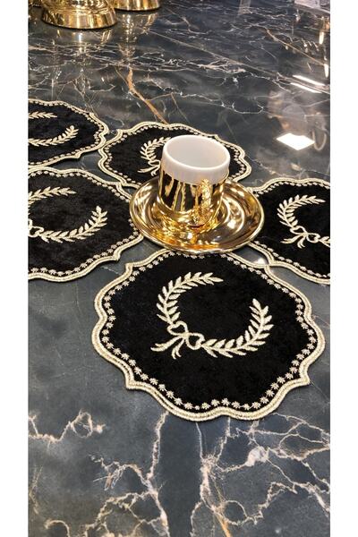 Teksev Arma Black Gold 6 piese Cocktail Cafea Șervețel de prezentare Maras Work Glaze Broderie Suport de prezentare Gardenia brodat