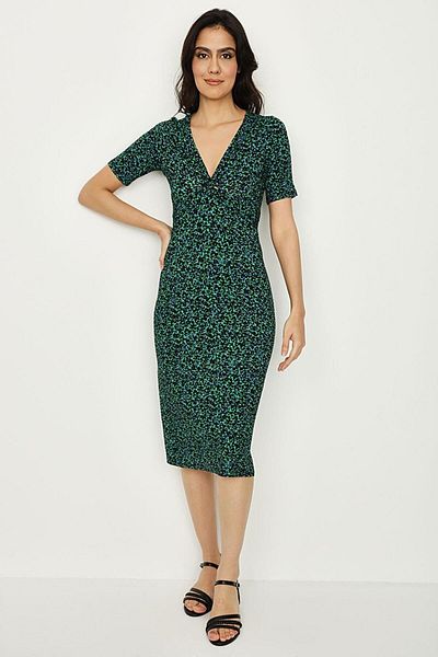 Select Moda Women's Green Patterned V-Neck Knitted Midi Dress